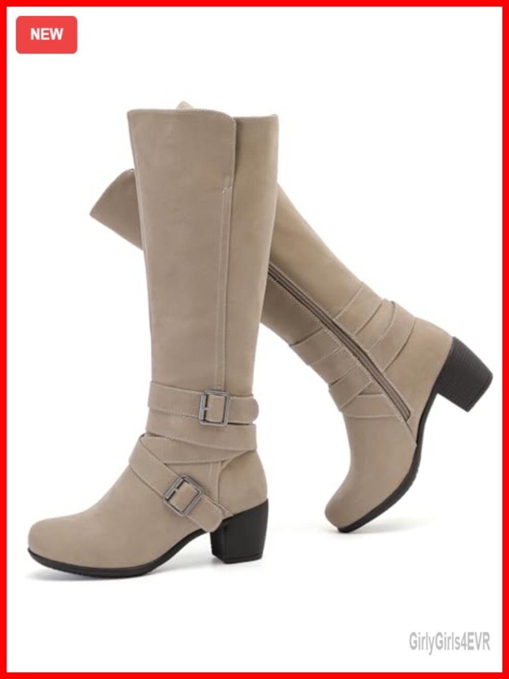 Faux Leather Knee High Heeled Boots Pointed Toe Side Zip Block Heel